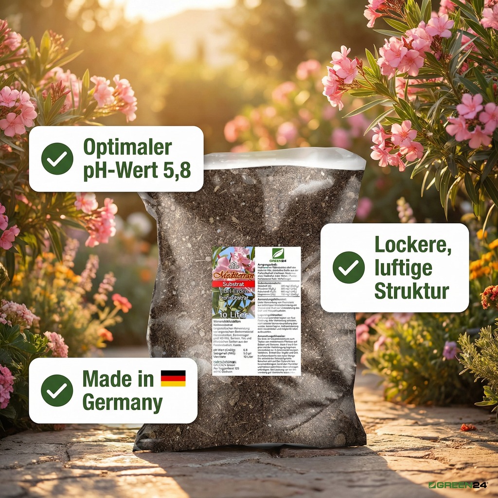 Mediterran Substrat 10 Liter mit optimalem pH-Wert 5,8, lockerer Struktur, hergestellt in Deutschland. 