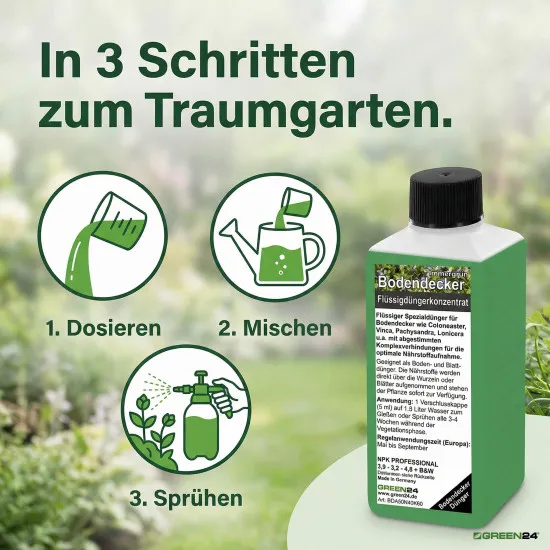 Bodendecker-Dünger immergrün – 250ml Spezialdünger für Cotoneaster, Vinca & Pachysandra | Für dichten Wuchs & sattgrüne Flächen | Profi Flüssigdünger Konzentrat