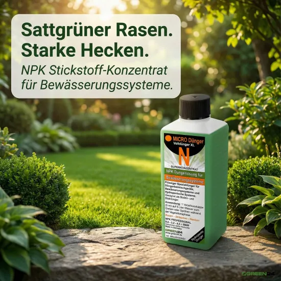 Micro+N Flüssigdünger 250ml – NPK Volldünger für Bewässerungssysteme, Düngerbeimischgeräte & Hydroponik | Stickstoff-Konzentrat für Rasen, Sträucher & Hecken