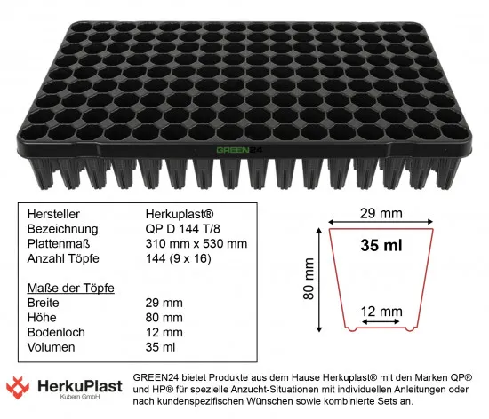 Anzuchtplatte Topfplatte 144 Töpfe extra hoch für die Anzucht von Bäumen und Tiefwurzlern (53,0 x 31,0 cm) (Typ G24)