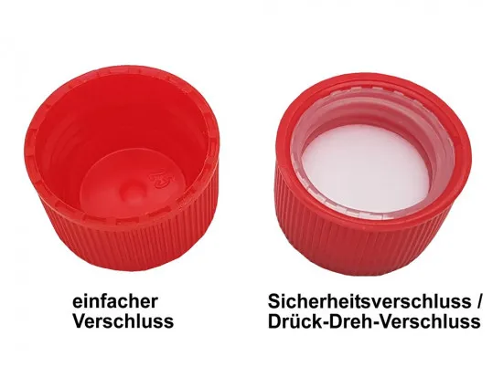 10 Stück VR250 Vierkantflaschen 250ml, HDPE natur, Kunststoff-Flaschen Plastikflaschen mit rotem Verschluss, prof. Industriequalität, geeignet für Abfüllanlagen