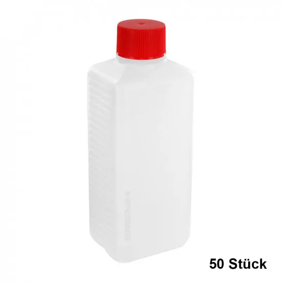 50 Stück VR250 Vierkantflaschen 250ml, HDPE natur, Kunststoff-Flaschen Plastikflaschen mit rotem Verschluss, prof. Industriequalität, geeignet für Abfüllanlagen