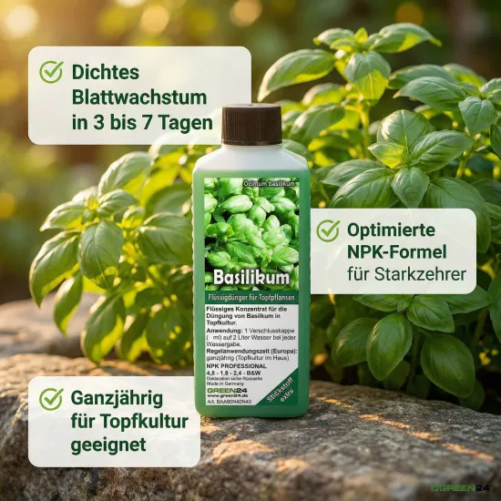 Basilikum-Dünger Pro 250ml – NPK-Flüssigdünger für Ocimum basilicum | Spezialdünger für Starkzehrer in Topfkultur | Blatt- & Wurzeldünger | GREEN24 PROFI LINIE