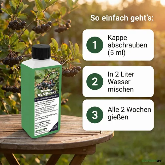 Aronia Flüssigdünger NPK 6,5+6,2+6,8 | Schwarze & Filzige Apfelbeere (Aronia melanocarpa & arbutifolia) | Blattdünger & Wurzeldünger | 250 ml Konzentrat = bis 100 L | Made in Germany