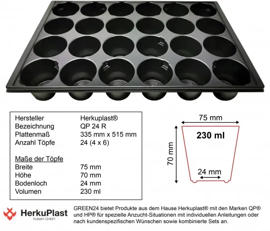 QP 24R STP Anzuchtplatte Topfplatte (33,5 x 51,5 cm) (Typ STP) 24 runde Töpfe DxH 75x70mm stabile Profi Multitopf-Platte