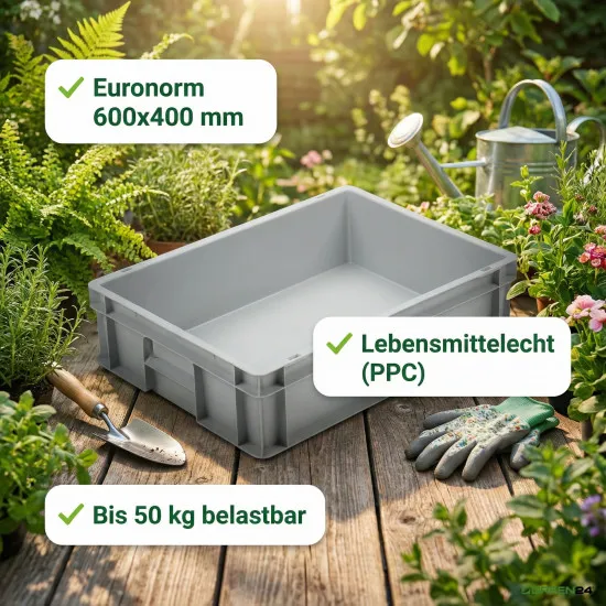 Eurobox Eurokiste 600x400x120mm - lebensmittelecht, geschlossene Griffe, Farbe hellgrau