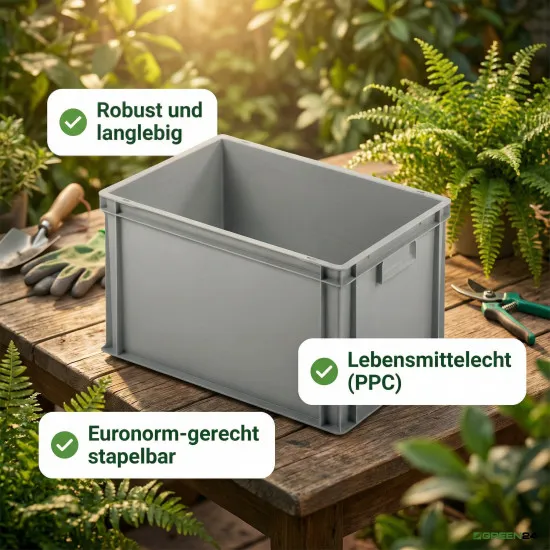 Eurobox Eurokiste 600x400x280mm - lebensmittelecht, geschlossene Griffe, Farbe hellgrau