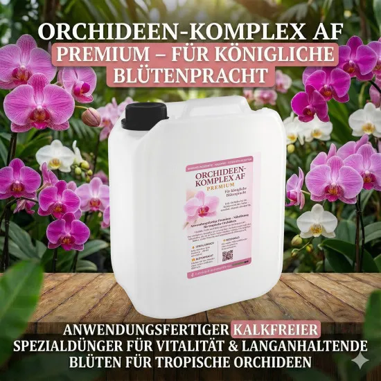 Orchideen-Komplex AF - 5 Liter anwendungsfertiger Dünger kalkfrei mit Spurenelementen für tropische Orchideen. Vitalität, Farbe & Blütenpracht wie im Regenwald.
