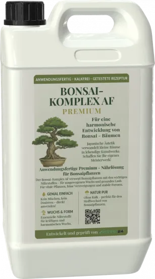 Bonsai-Komplex AF - 5 Liter anwendungsfertiger Spezialdünger kalkfrei für alle Bonsai-Arten. Das Nähstoffverhältnis verhindert übermäßiges Wachstum und fördert kompakte, gesunde Miniatur-Bäume.
