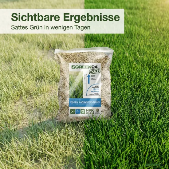GREEN24 Profi Rasendünger 4XNT NPK 20+5+8 mit Langzeitwirkung je 1 Kg (25 m²) – Für einen dichten, sattgrünen Traumrasen (mit 4 fach N Technologie)
