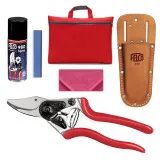 EXPERT Scheren-Set Damen - Profi Gartenschere Felco 6 für kleinere Hände + Ledertasche + Schleifstein + Pflege-Öl + Reinigungstuch + GREEN24 Schnittanleitung