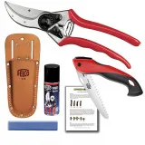 PRO Scheren-Set Gärtnermeister - Profi Gartenschere Felco 2, Leder-Tasche, Klapp-Säge, Pflege-Spay, Schleif-Stein, Reinigungstuch + GREEN24 Schnittanleitung