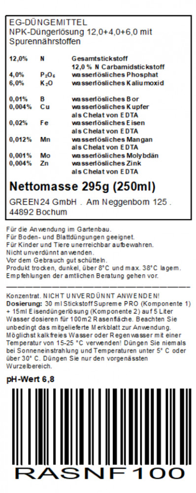 RasenDünger Stickstoff Nachfüllpack 250ml für RasenDünger Set