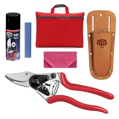 EXPERT Scheren-Set Damen - Profi Gartenschere Felco 6 für kleinere Hände + Ledertasche + Schleifstein + Pflege-Öl + Reinigungstuch + GREEN24 Schnittanleitung