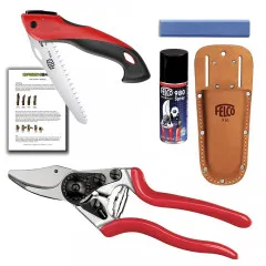 PRO Scheren-Set für DAMEN - Gärtnermeister/in für kleinere Handgrößen - Profi Gartenschere Felco 6, Leder-Tasche, Klapp-Säge, Pflege-Spay, Schleif-Stein, Reinigungstuch + GREEN24 Schnittanleitung
