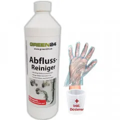 Abflussreiniger Abfluss Fix 1 L SET Industrie Rohrreiniger + Handschutz und Dosierer, professioneller Rohr-Reinigung